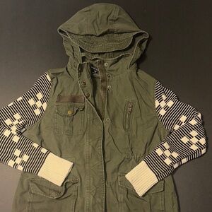 Olive Green Hooded Jacket with Patterned Sleeves